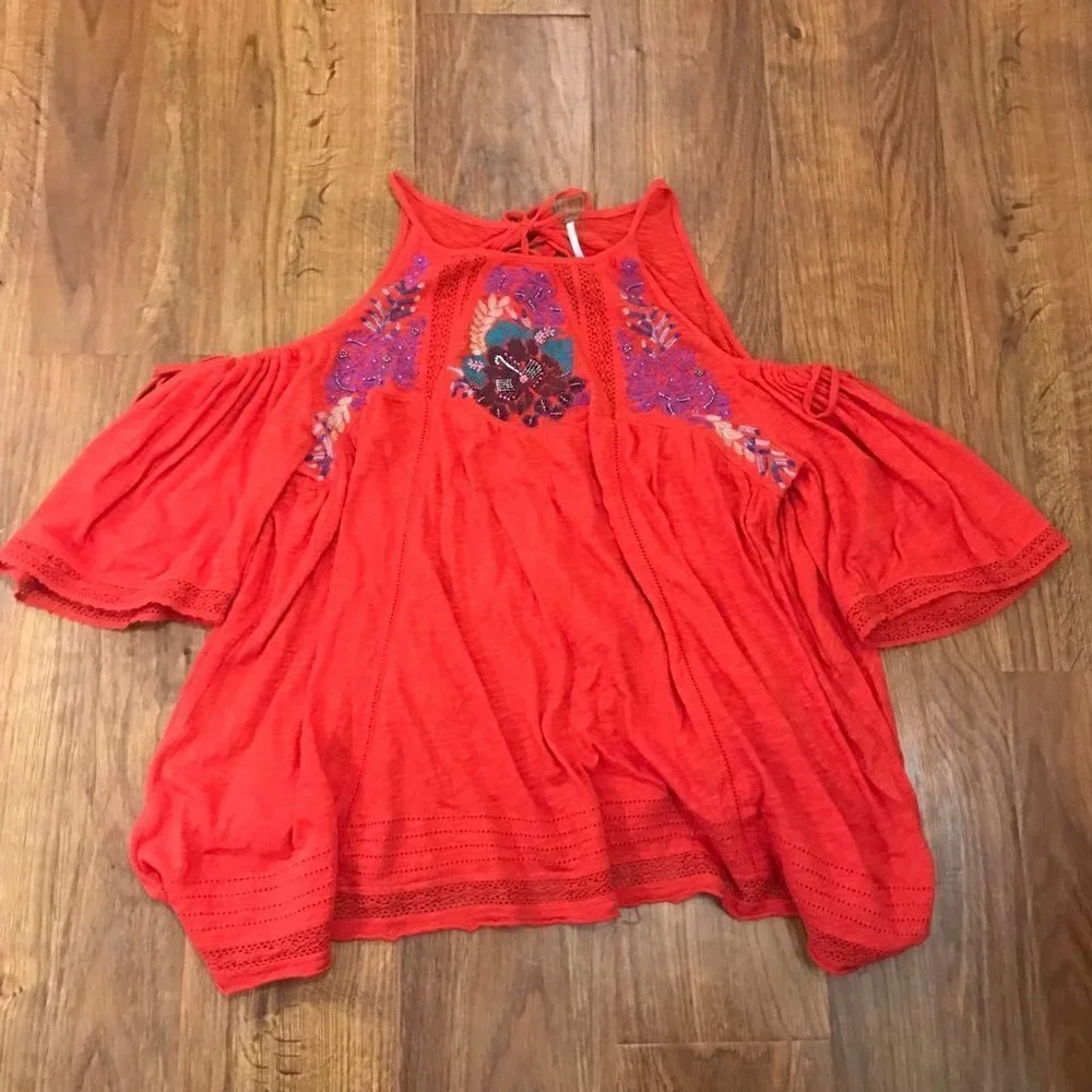 Free People cold shoulder embroidered top